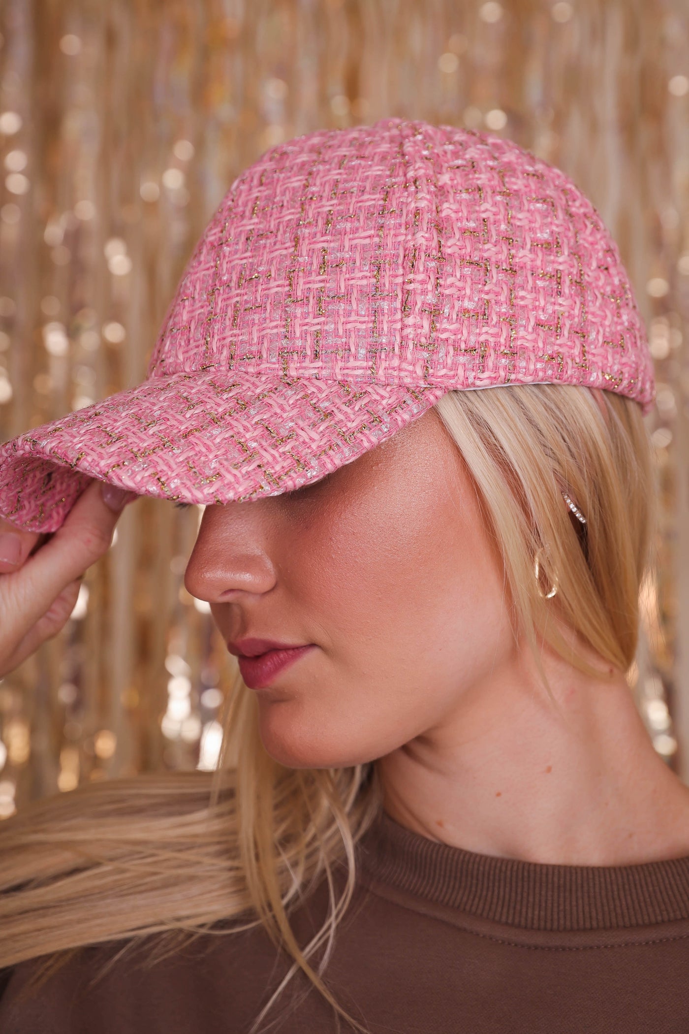 Pink Tweed Baseball Cap- Women's Preppy Baseball Hat- Trendy Tweed Baseball Hat