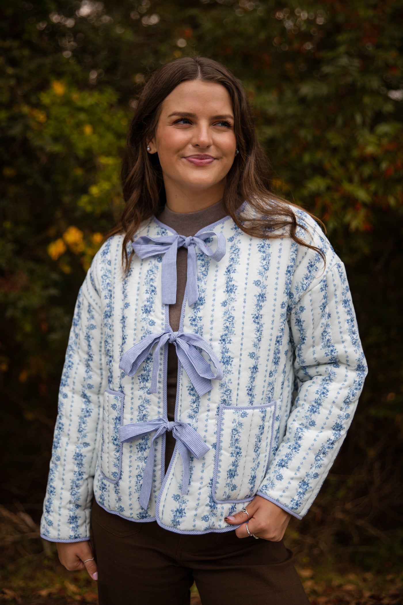 Ditzy Floral Quilted Jacket- Women's Blue Quilted Jacket- PeachLove Bow Floral Jacket