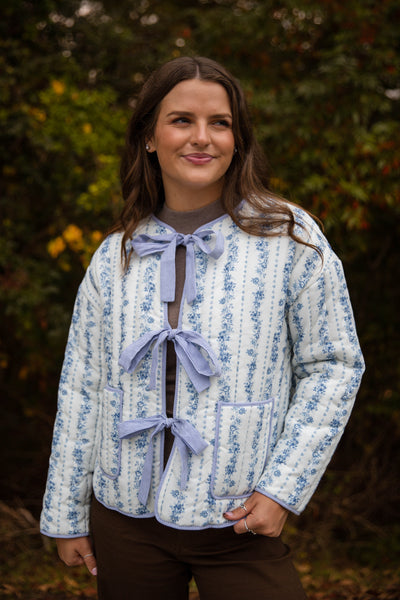 Ditzy Floral Quilted Jacket- Women's Blue Quilted Jacket- PeachLove Bow Floral Jacket