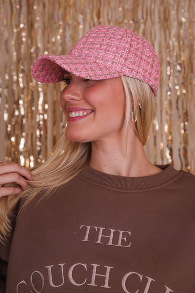 Pink Tweed Baseball Cap- Women's Preppy Baseball Hat- Trendy Tweed Baseball Hat