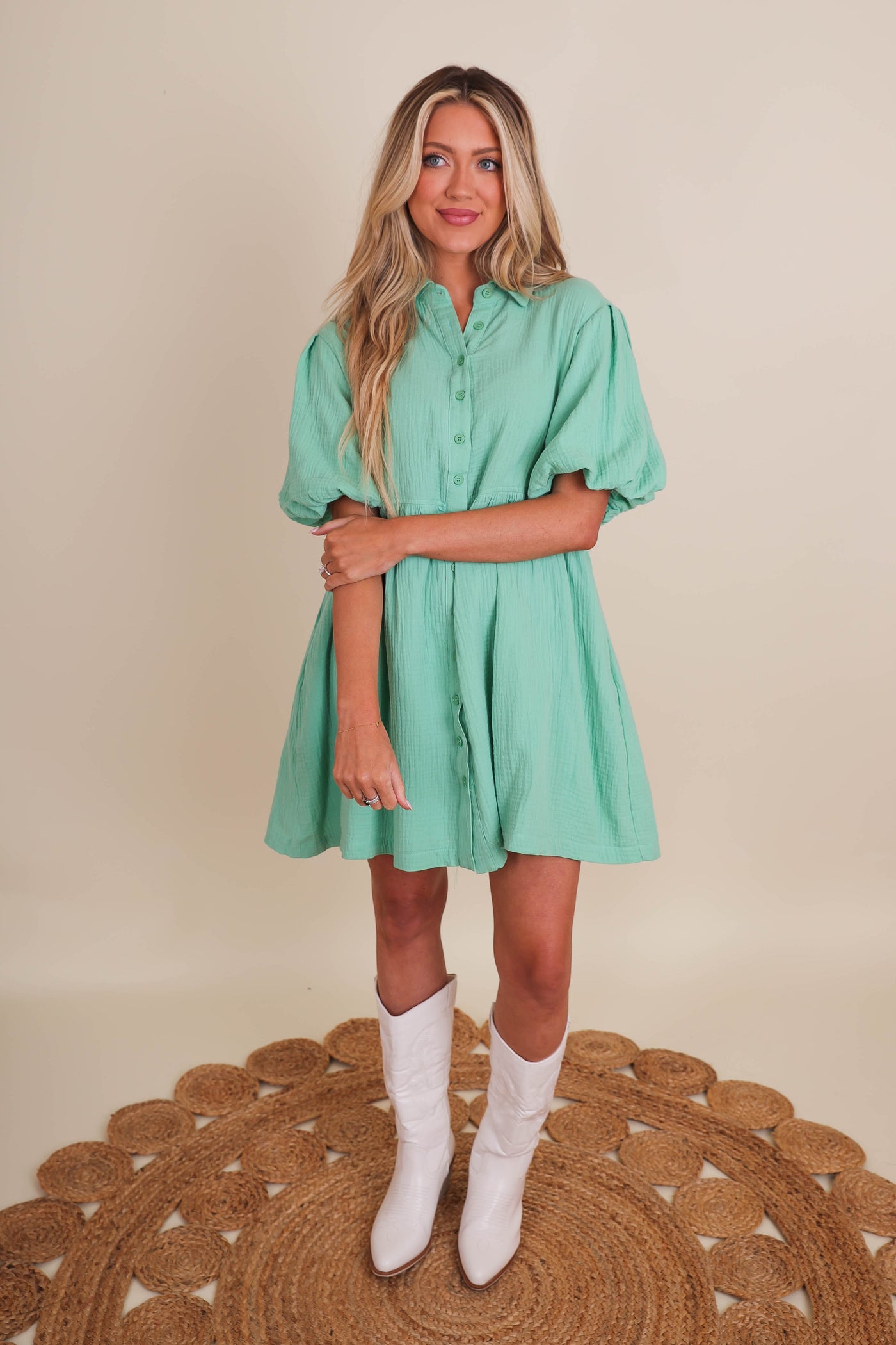 Mint Green Button Down Dress- Mint Cotton Dress- Women's Puff Sleeve Dress