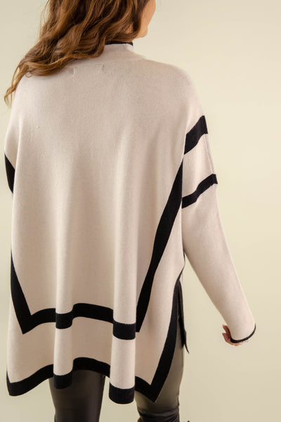 Women's Oversized Two Tone Sweater- Mockneck Taupe Sweater- Entro Stripe Sweater