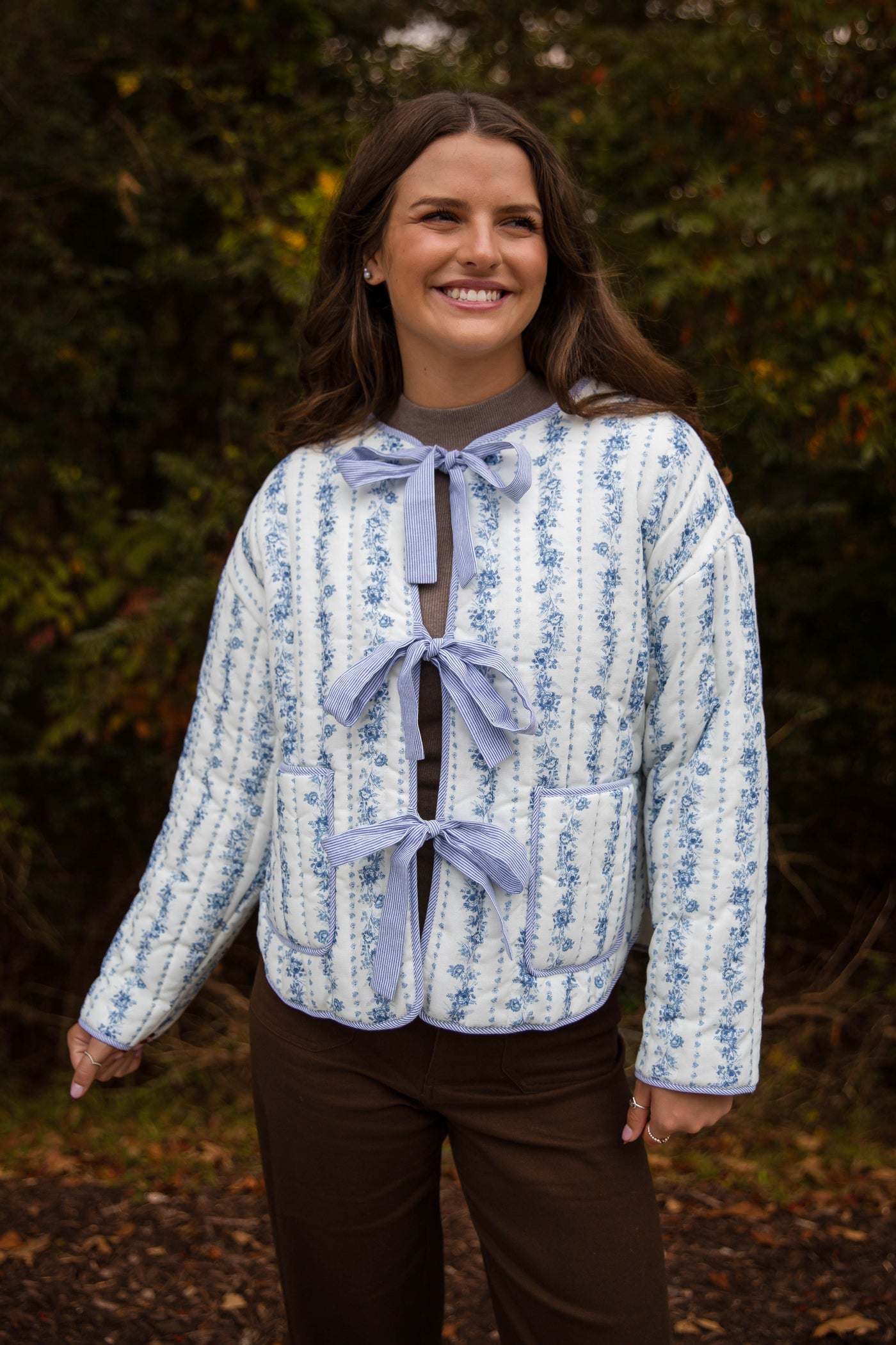 Ditzy Floral Quilted Jacket- Women's Blue Quilted Jacket- PeachLove Bow Floral Jacket
