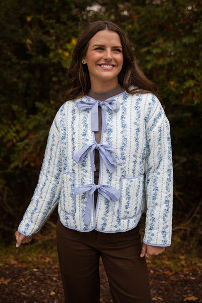 Ditzy Floral Quilted Jacket- Women's Blue Quilted Jacket- PeachLove Bow Floral Jacket