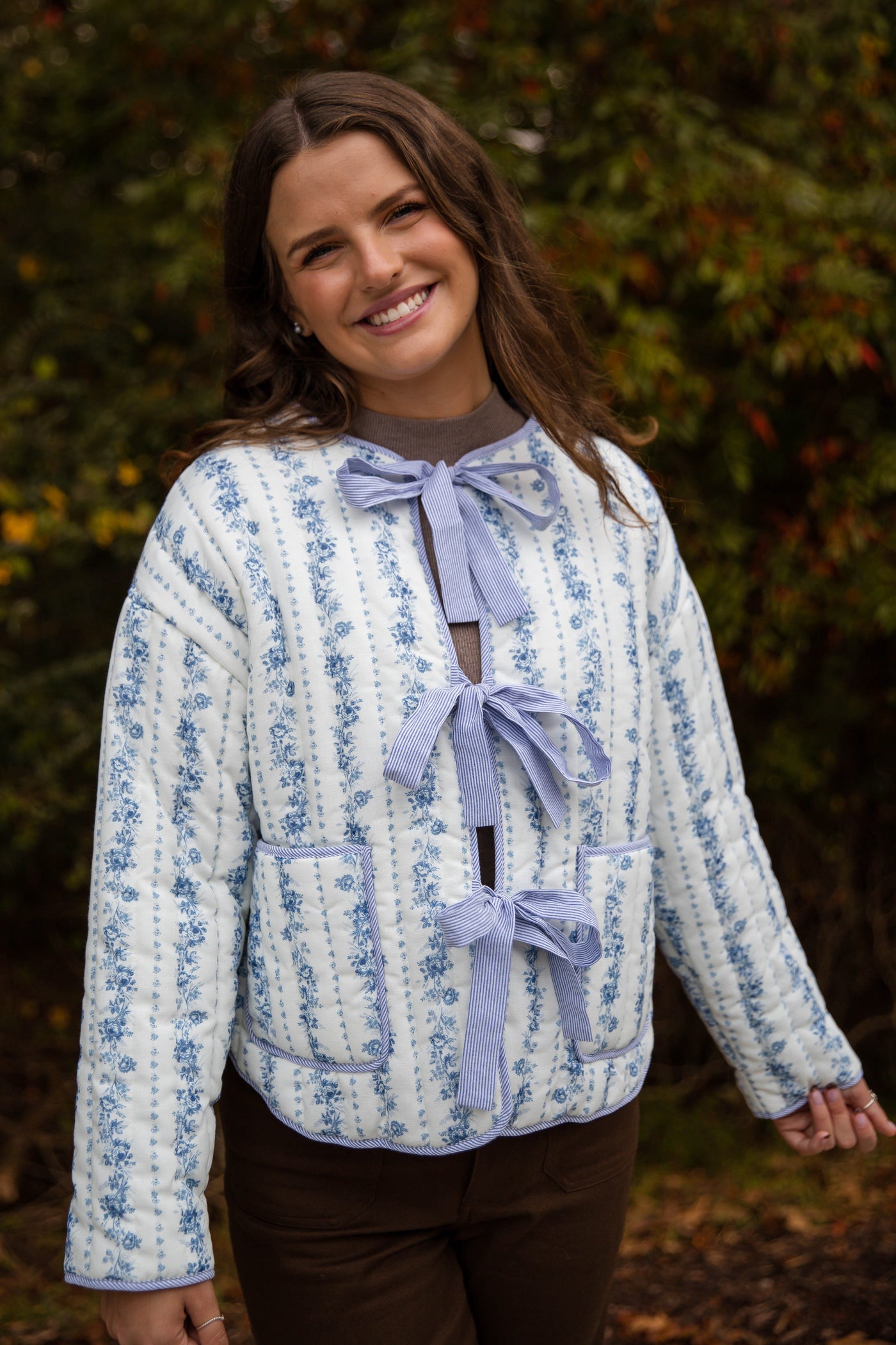 Ditzy Floral Quilted Jacket- Women's Blue Quilted Jacket- PeachLove Bow Floral Jacket