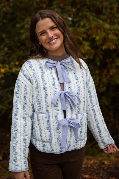 Ditzy Floral Quilted Jacket- Women's Blue Quilted Jacket- PeachLove Bow Floral Jacket