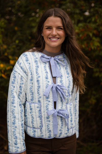 Ditzy Floral Quilted Jacket- Women's Blue Quilted Jacket- PeachLove Bow Floral Jacket