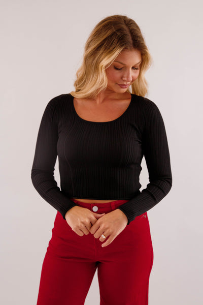 Women's Ribbed Knit Top- Black Sweater Top- Women's Basic Fall Tops