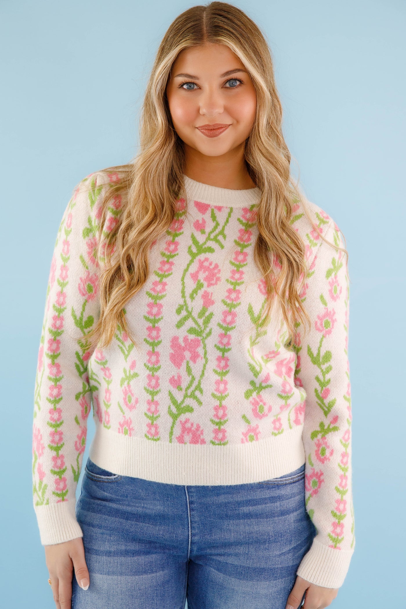 Green and Pink Floral Knit Sweater- Comfy Ivory Floral Print Sweater- &Merci Sweaters