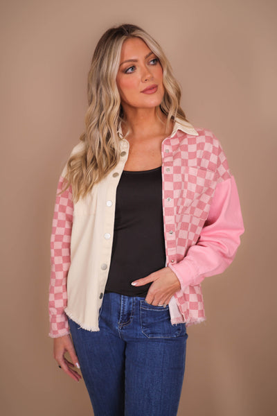 Women's Pink Shacket- Pink Checkered Shacket- Women's Trendy Pink Button Down