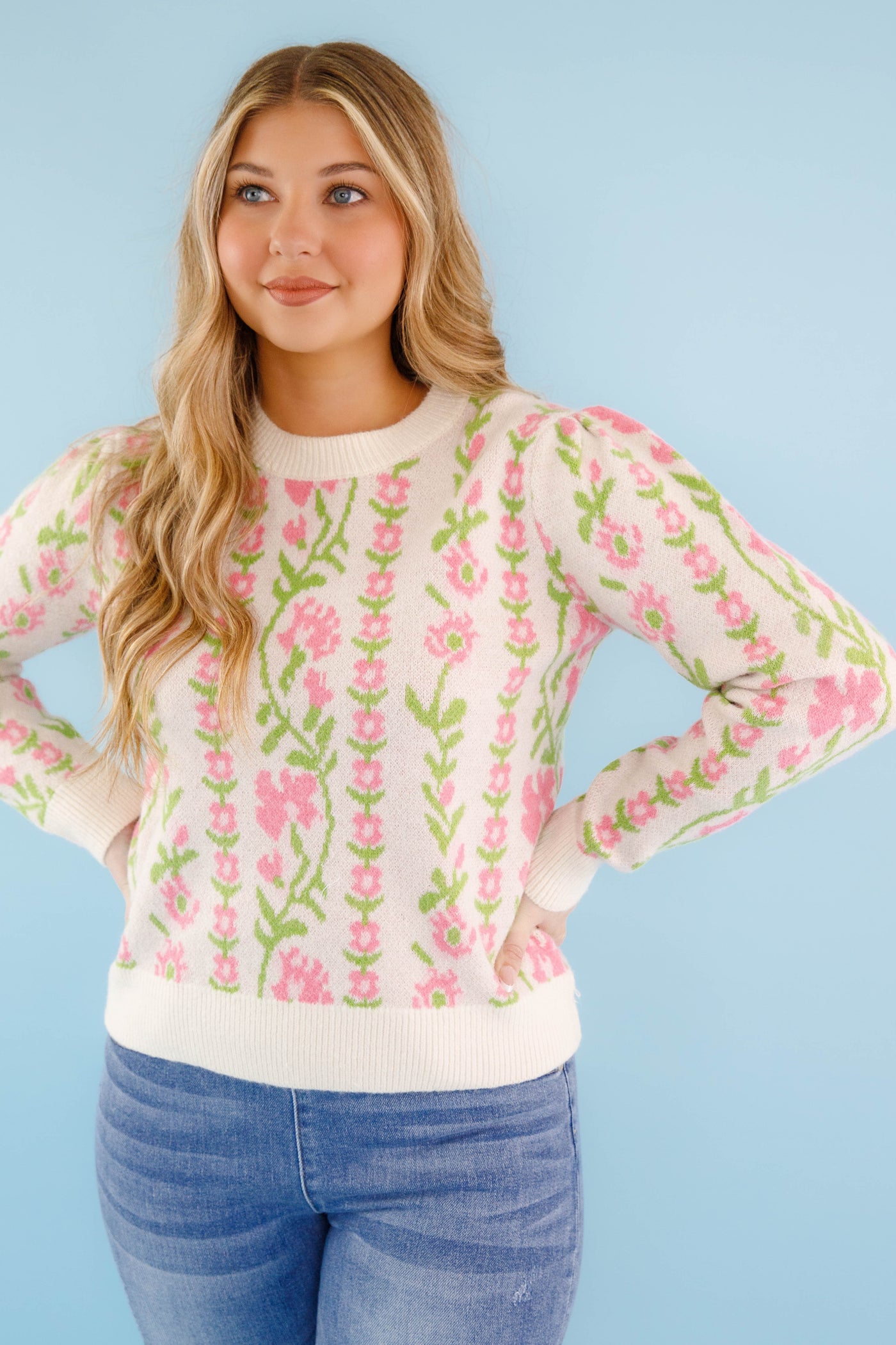 Green and Pink Floral Knit Sweater- Comfy Ivory Floral Print Sweater- &Merci Sweaters