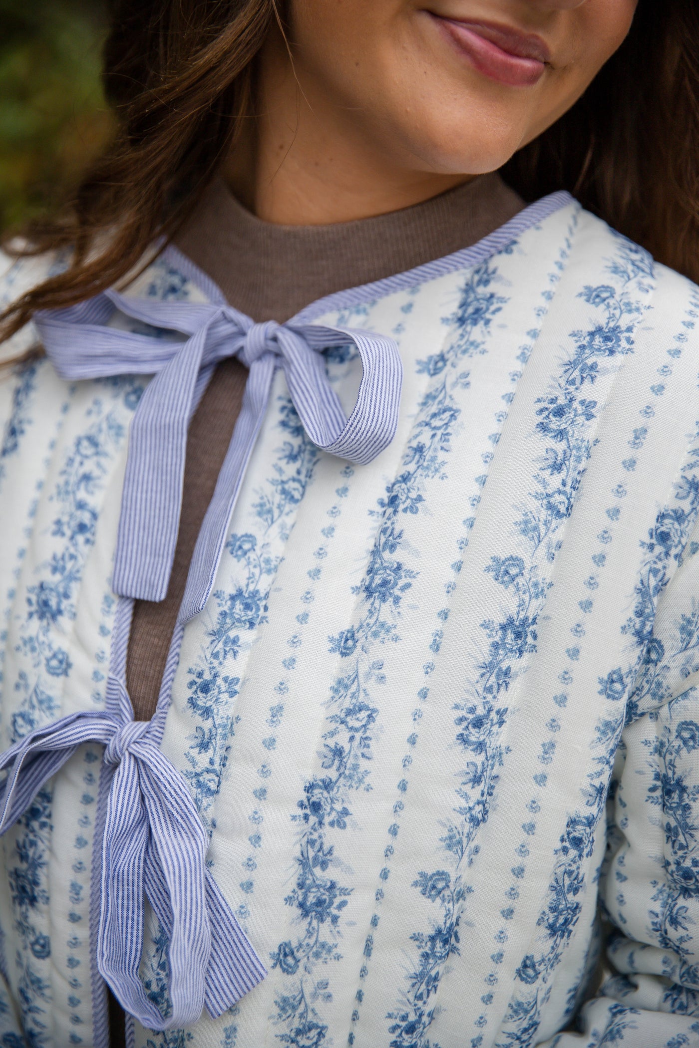 Ditzy Floral Quilted Jacket- Women's Blue Quilted Jacket- PeachLove Bow Floral Jacket