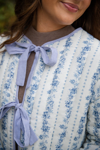 Ditzy Floral Quilted Jacket- Women's Blue Quilted Jacket- PeachLove Bow Floral Jacket