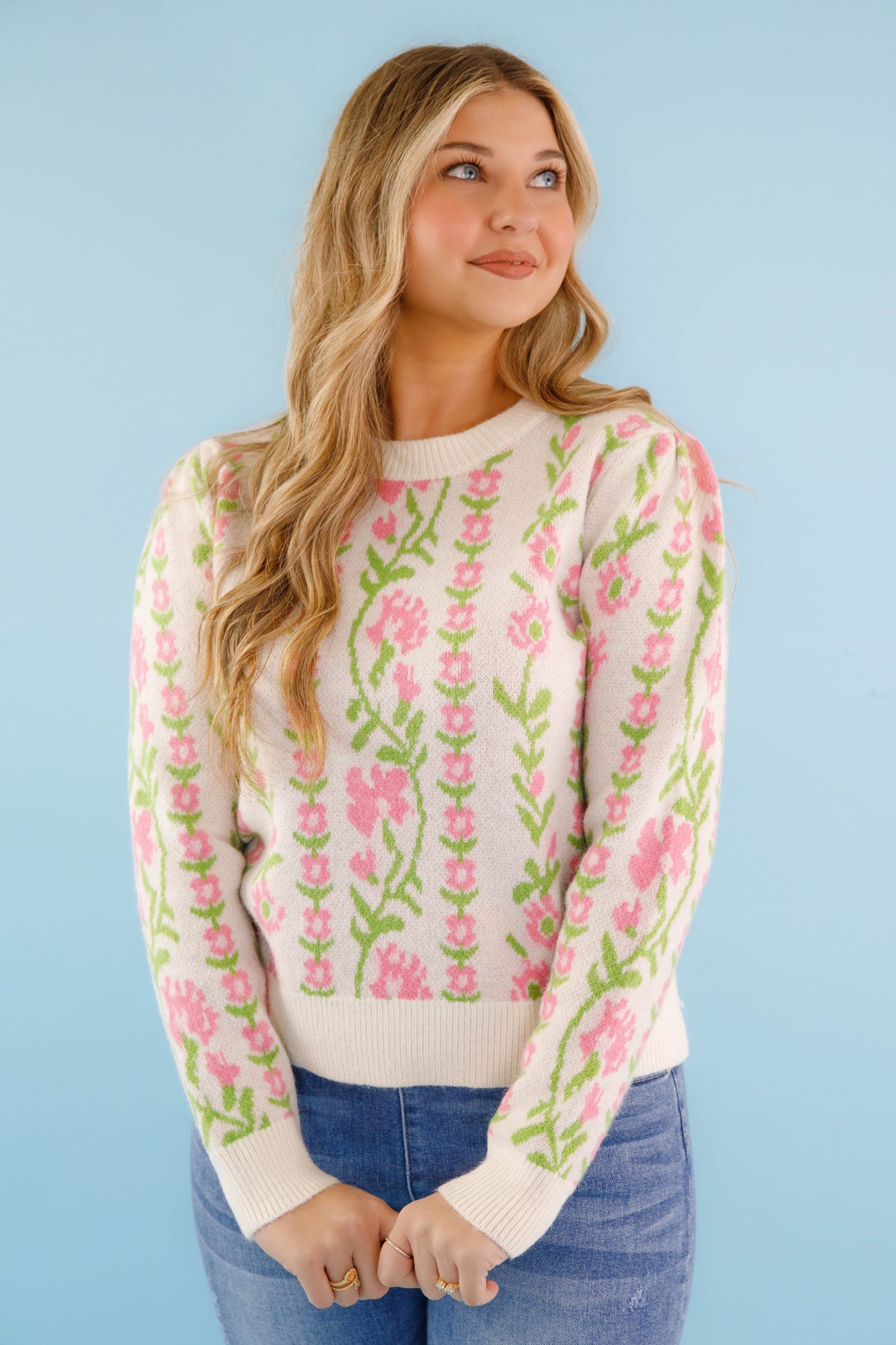 Green and Pink Floral Knit Sweater- Comfy Ivory Floral Print Sweater- &Merci Sweaters