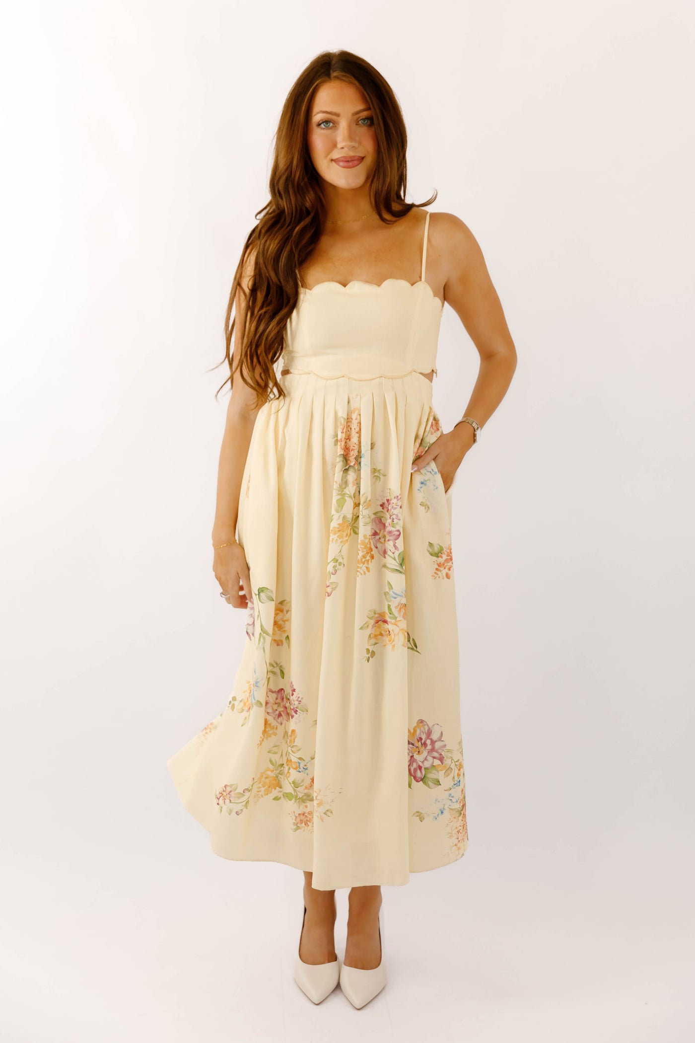 Scalloped Cut Out Midi Dress- Chic Scalloped Floral Midi Dress- Vintage Shop Cream and Floral Scalloped Dress – Juliana's Boutique