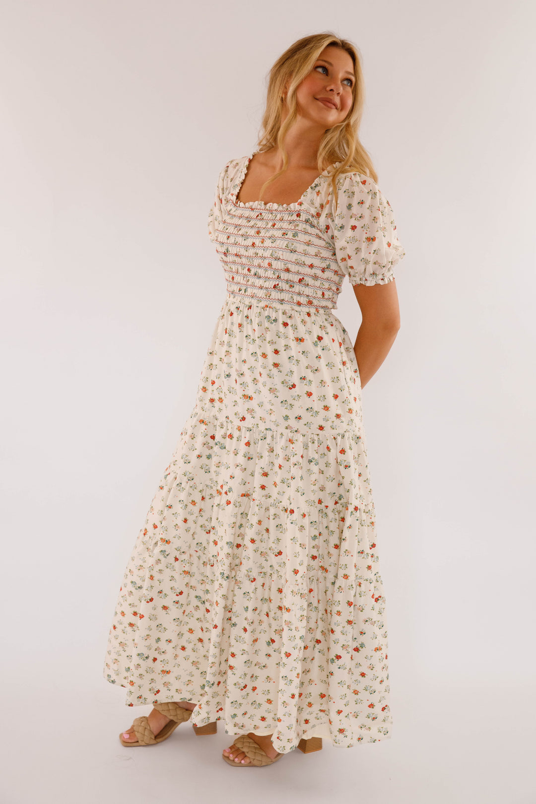 Women's Cotton Ivory Floral Maxi- Puff Sleeve Floral Maxi Dress