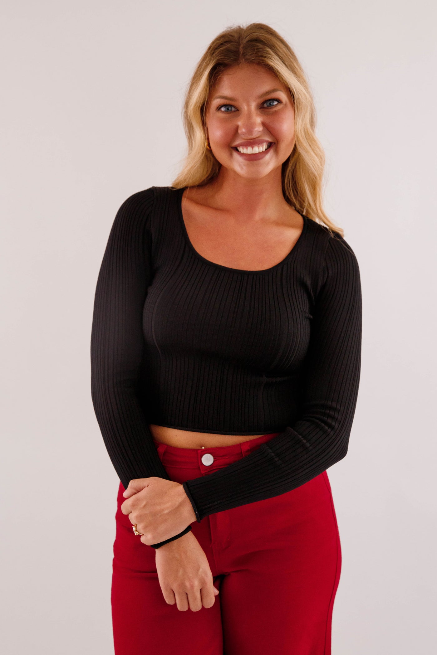 Women's Ribbed Knit Top- Black Sweater Top- Women's Basic Fall Tops