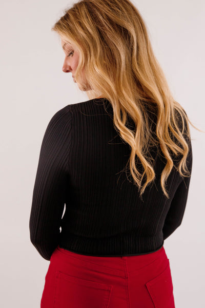 Women's Ribbed Knit Top- Black Sweater Top- Women's Basic Fall Tops