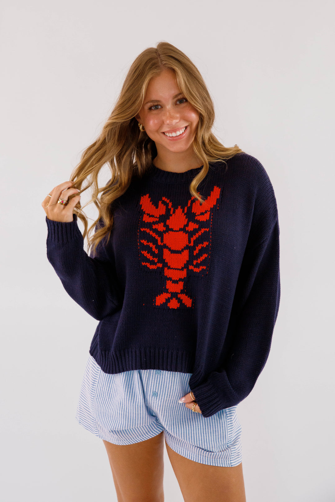 Lobster Motif Sweater for Women- Women's Knitted Navy Lobster
