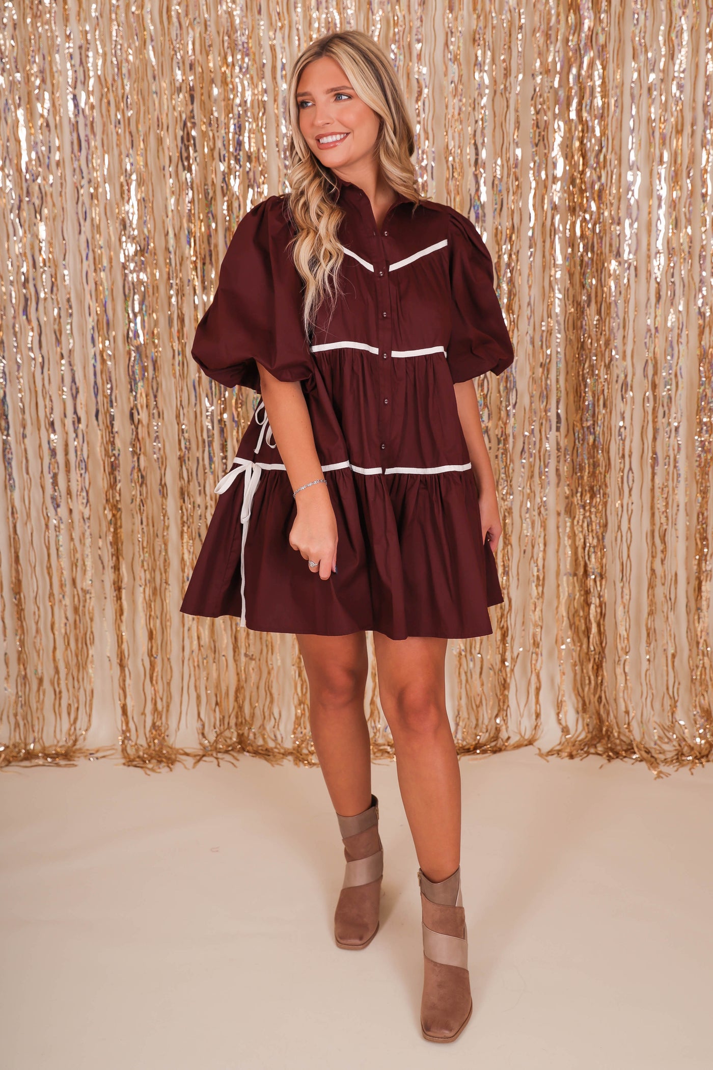 Women's Maroon Button Down Dress- Chic High End Dress with Bubble Sleeves- Sofie The Label Dress