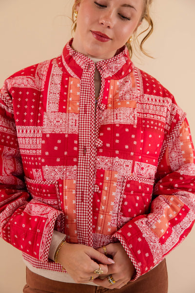 Red Bandana Quilted Jacket- Bandana Patch Work Quilted Jacket- &Merci Red Quilted Jacket
