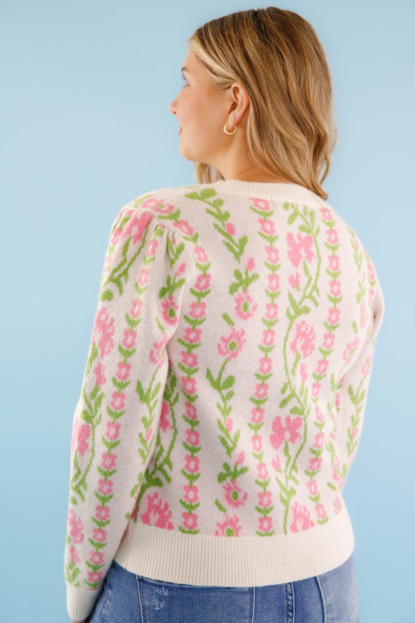 Green and Pink Floral Knit Sweater- Comfy Ivory Floral Print Sweater- &Merci Sweaters