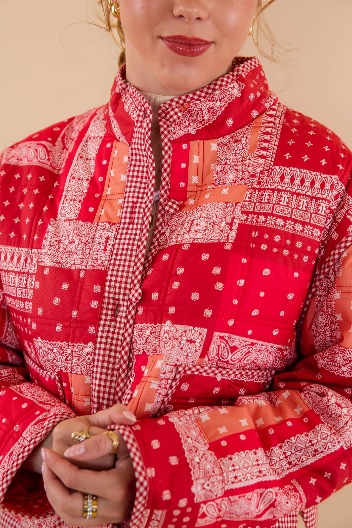 Red Bandana Quilted Jacket- Bandana Patch Work Quilted Jacket- &Merci Red Quilted Jacket