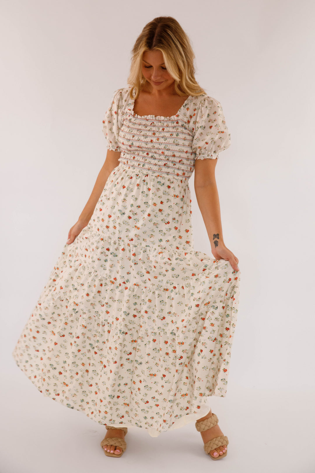 Women's Cotton Ivory Floral Maxi- Puff Sleeve Floral Maxi Dress- Storia Dresses Medium