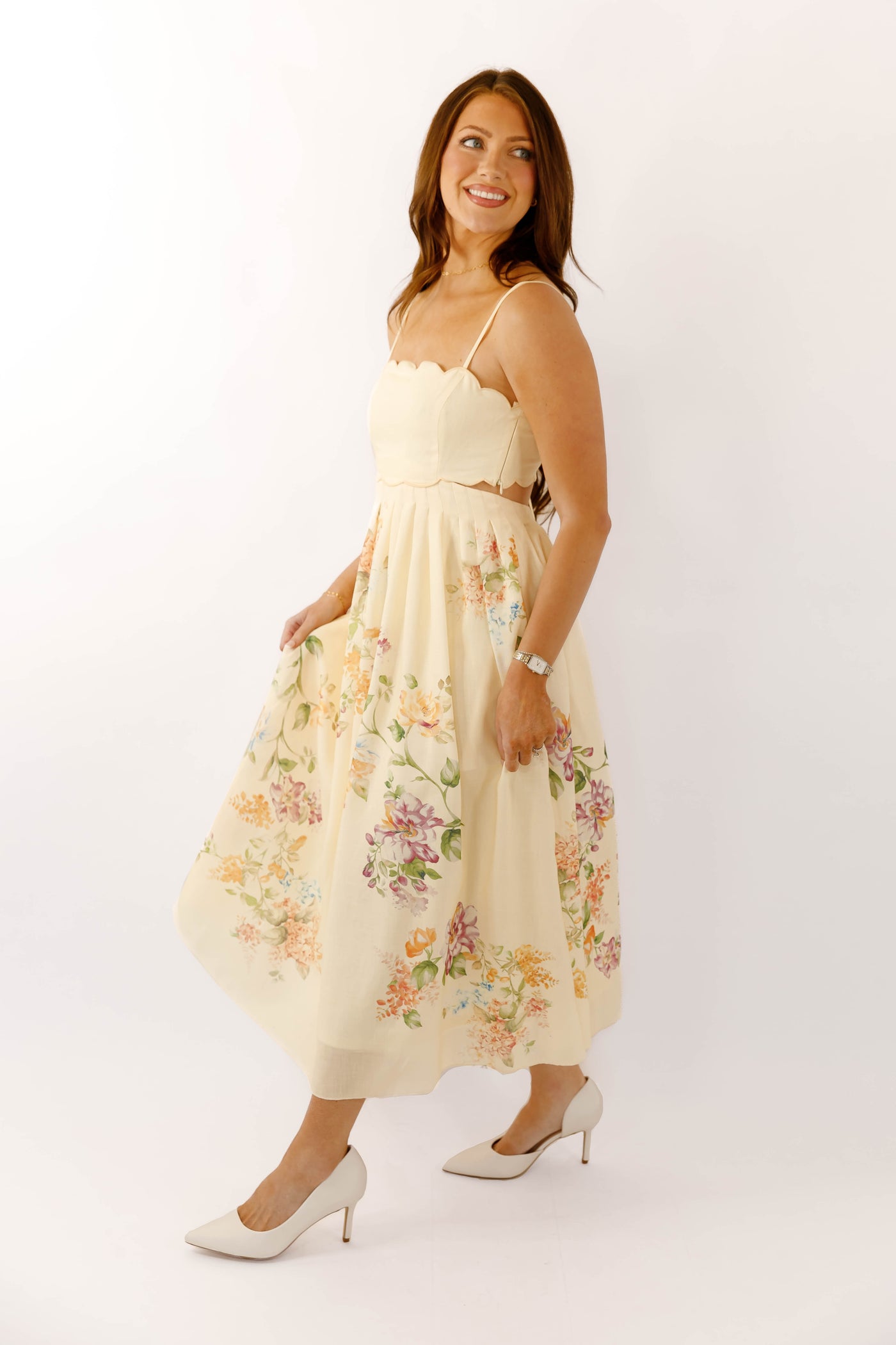 Scalloped Cut Out Midi Dress- Chic Scalloped Floral Midi Dress- Vintage Shop Cream and Floral Scalloped Dress Juliana's Boutique Scalloped Cut Out Midi Dress- Chic Scalloped Floral Midi Dress- Vintage Shop Cream and Floral Scalloped Dress Juliana's Boutique