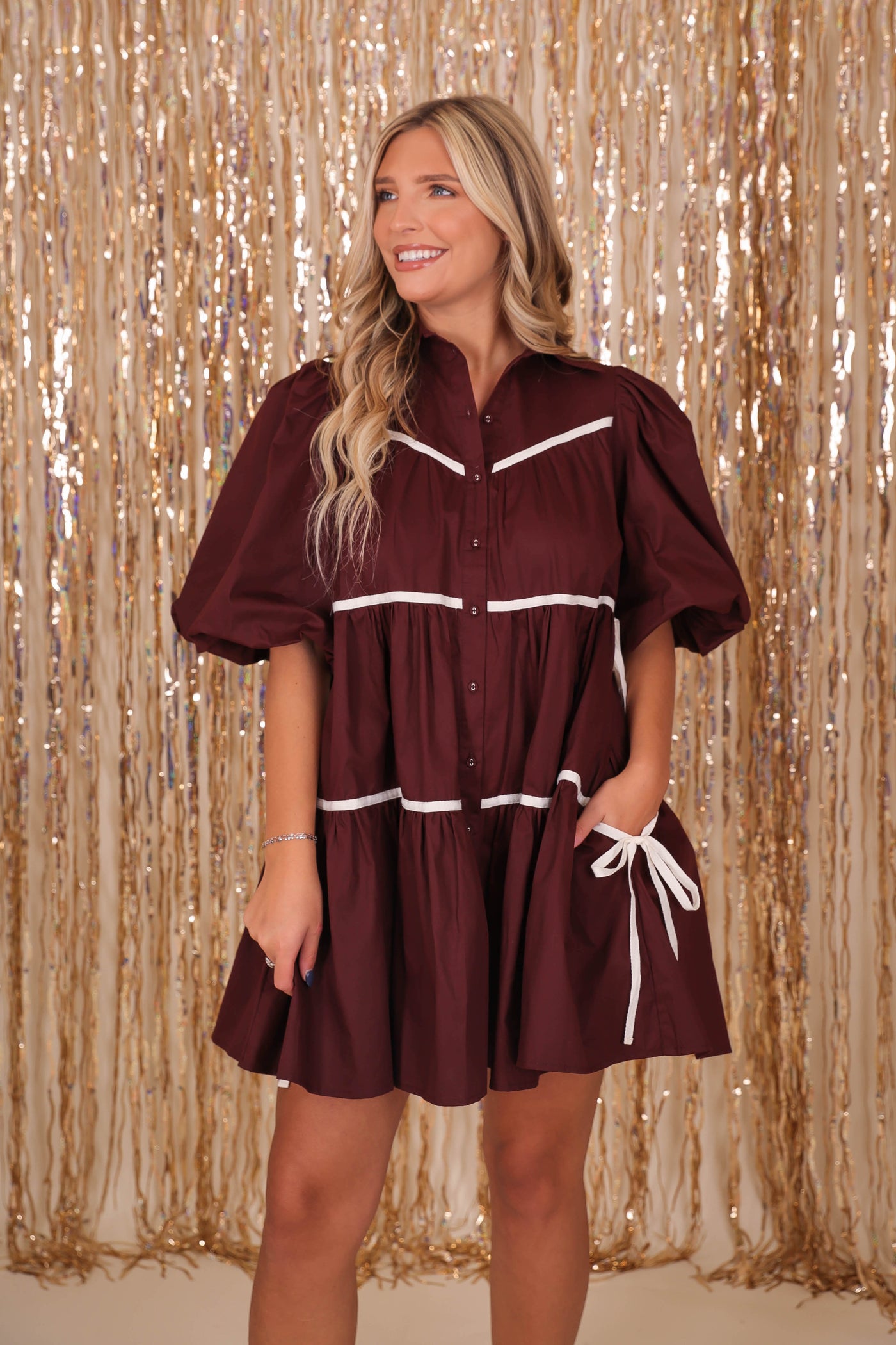 Women's Maroon Button Down Dress- Chic High End Dress with Bubble Sleeves- Sofie The Label Dress