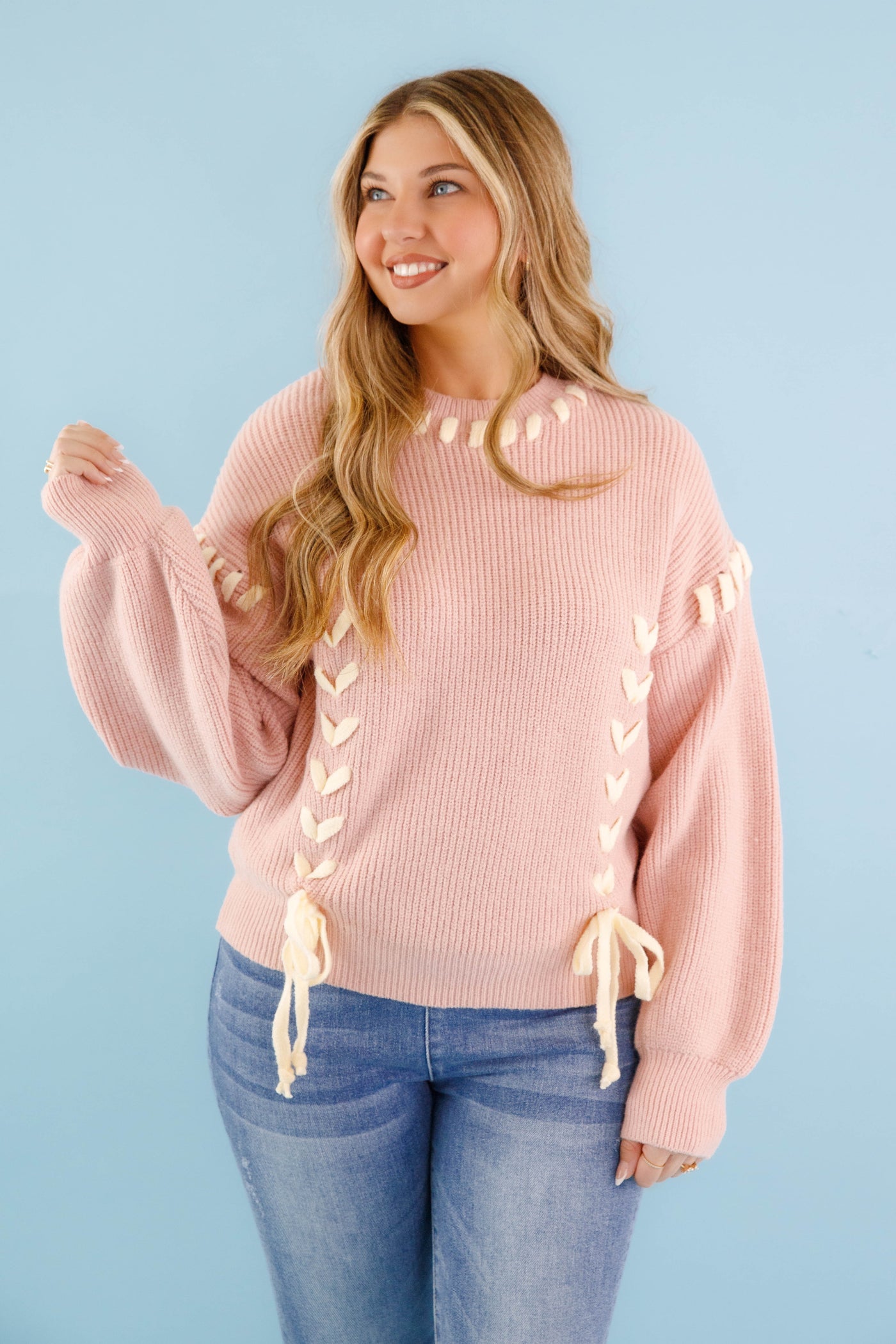 Lace-up Ribbon Sweater- Women's Blush Pink Ribbon Sweater- Pink Knit Sweater