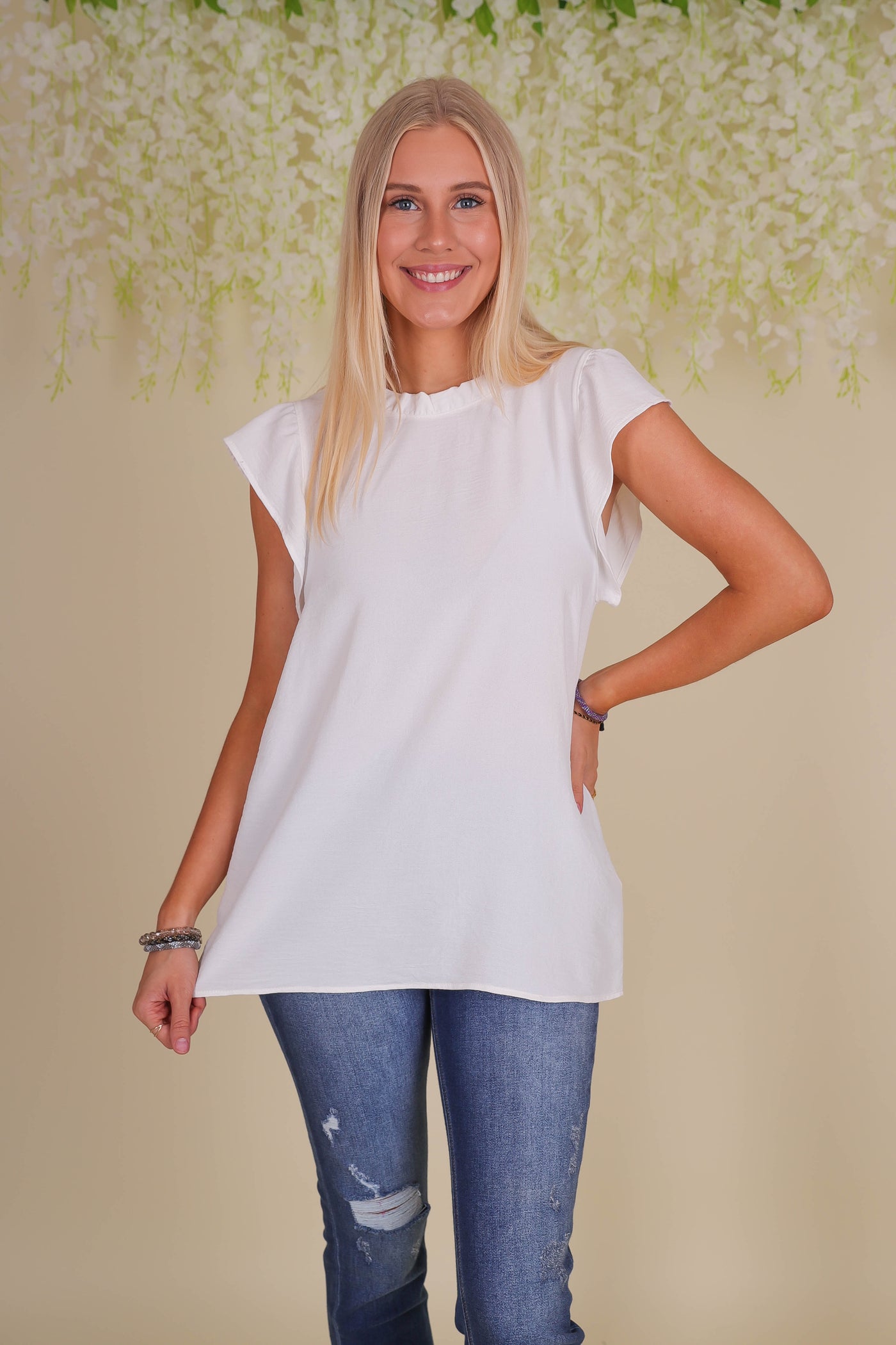 Women's White Ruffle Blouse- Women's Work Wear Tops- Women's Classic White Tops