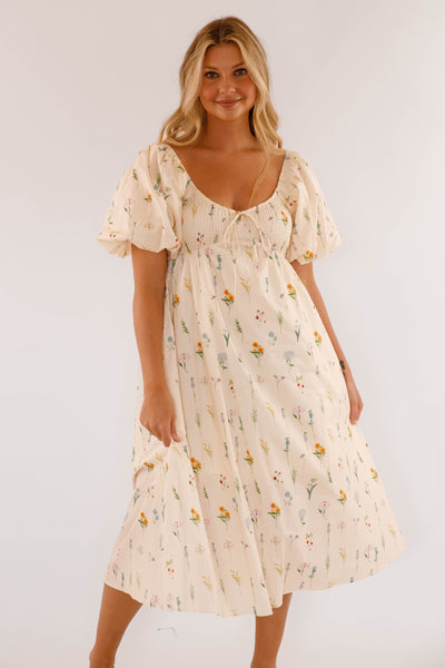 Dainty Floral Print Midi Dress- Women's Cotton Floral Dress- Aureum Dresses