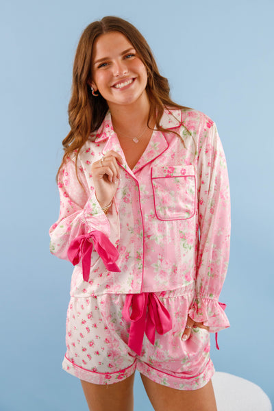 Women's Pink Bow Pajama Top- Floral Print Pajama Set- Women's Satin Pajama Short Set