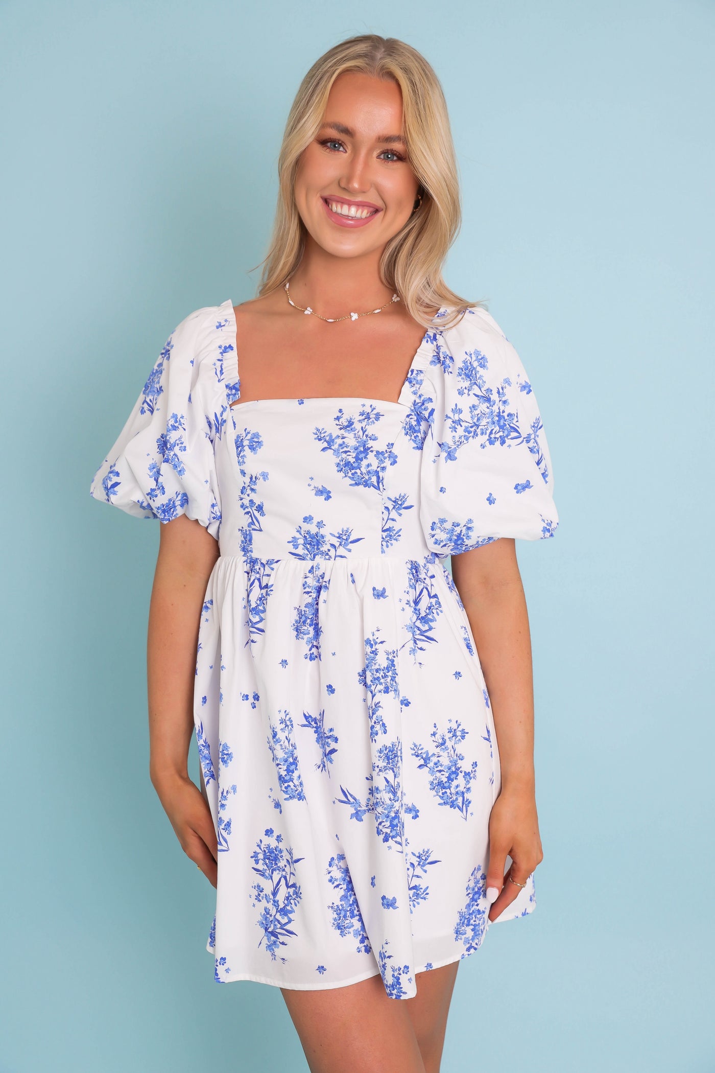 Puff Sleeve Babydoll Mini Dress- Women's Blue and White Floral Dress- SugarLips Mini Dress