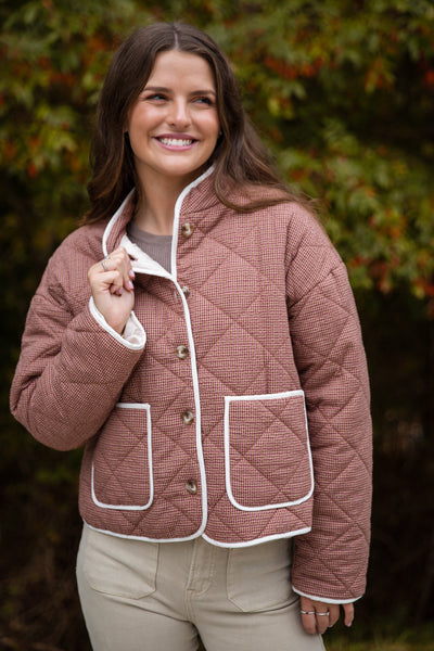 Women’s Quilted Jacket- Micro Plaid Jacket for Women- Lightweight Fall Coat