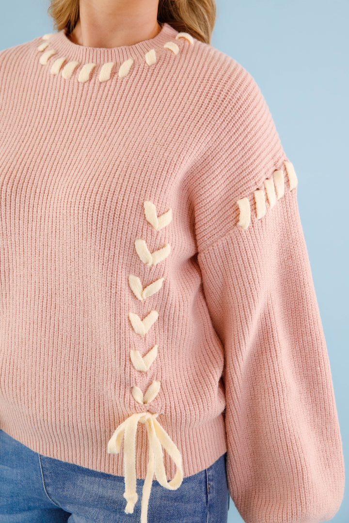 Lace-up Ribbon Sweater- Women's Blush Pink Ribbon Sweater- Pink