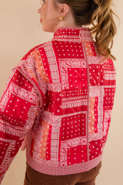 Red Bandana Quilted Jacket- Bandana Patch Work Quilted Jacket- &Merci Red Quilted Jacket