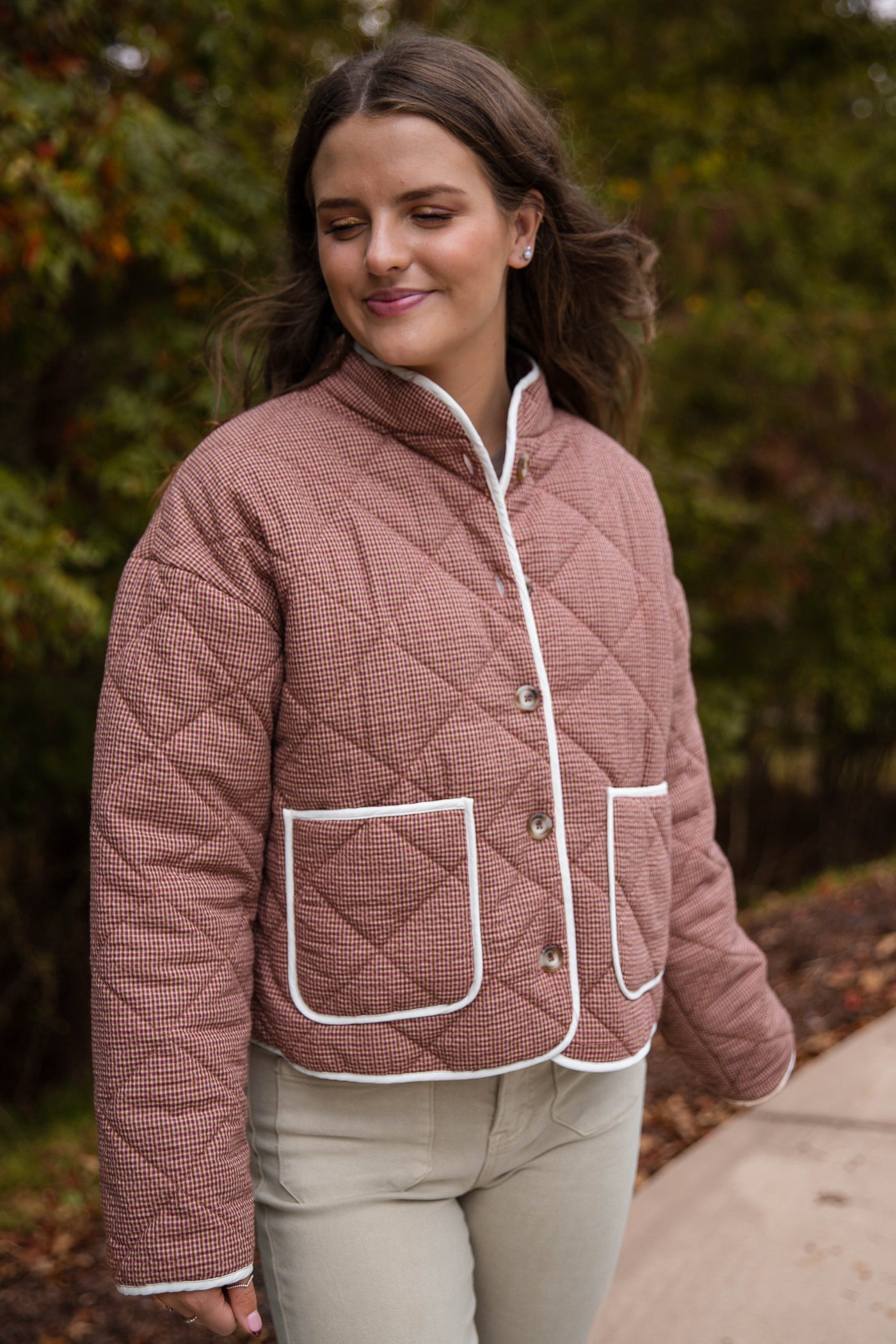 Women’s Quilted Jacket- Micro Plaid Jacket for Women- Lightweight Fall Coat