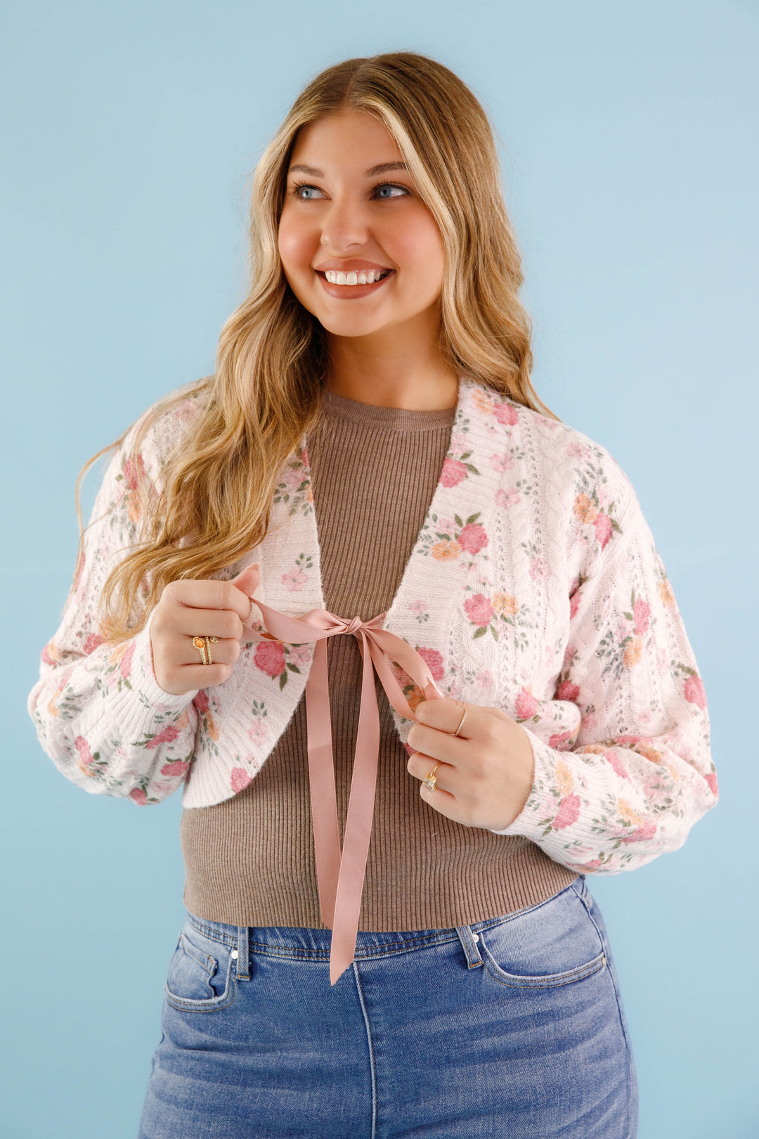 Satin Ribbon Cardigan- Women's Pink Floral Cardigan- Women's