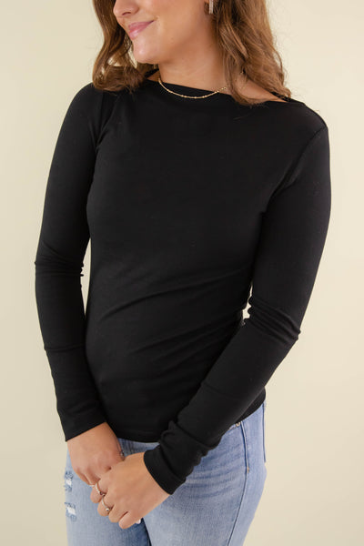 Women's Black Basic Top- Boatneck Style Top- Women's Layering Tops