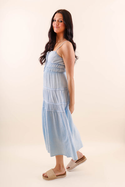 Light Blue Mineral Wash Midi Dress- Comfortable Cotton Gauzy Dress- She + Sky Mineral Wash Dress