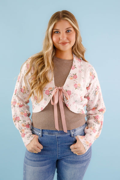 Satin Ribbon Cardigan- Women's Pink Floral Cardigan- Women's Luxury Sweaters