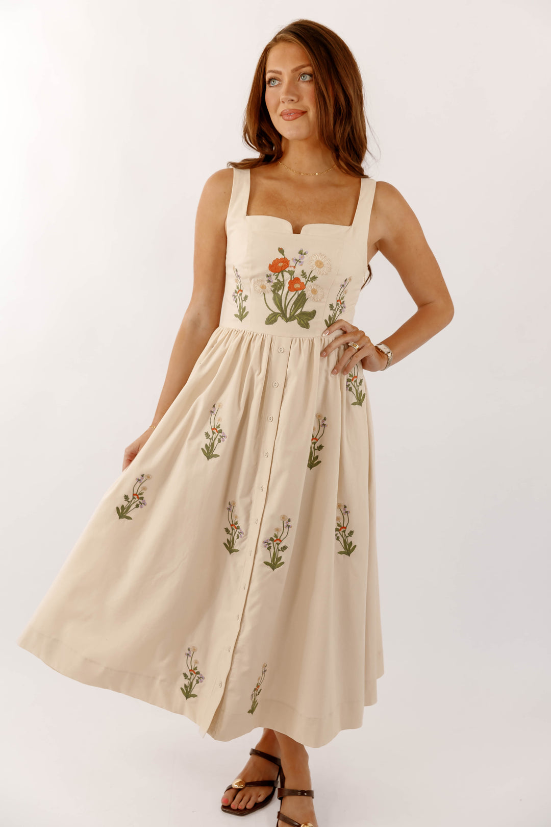 Floral Embroidered Midi Dress- Neutral Embroidered Dress- Mable Embroidered  Floral Dress – Juliana's Boutique