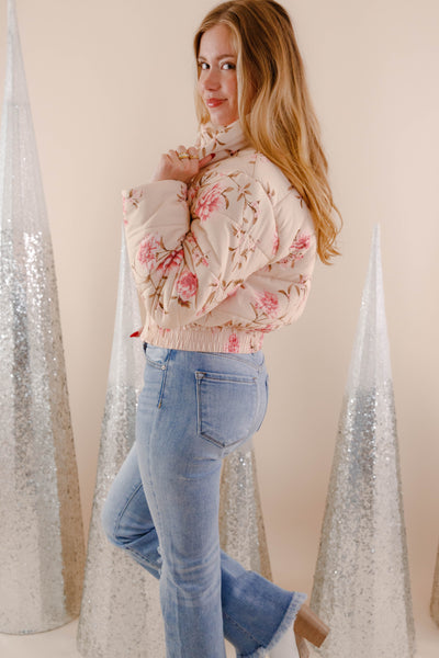 Blush Pink Floral Puffer Jacket- Women's Floral Print Jacket- Storia Pink Puffer Coat