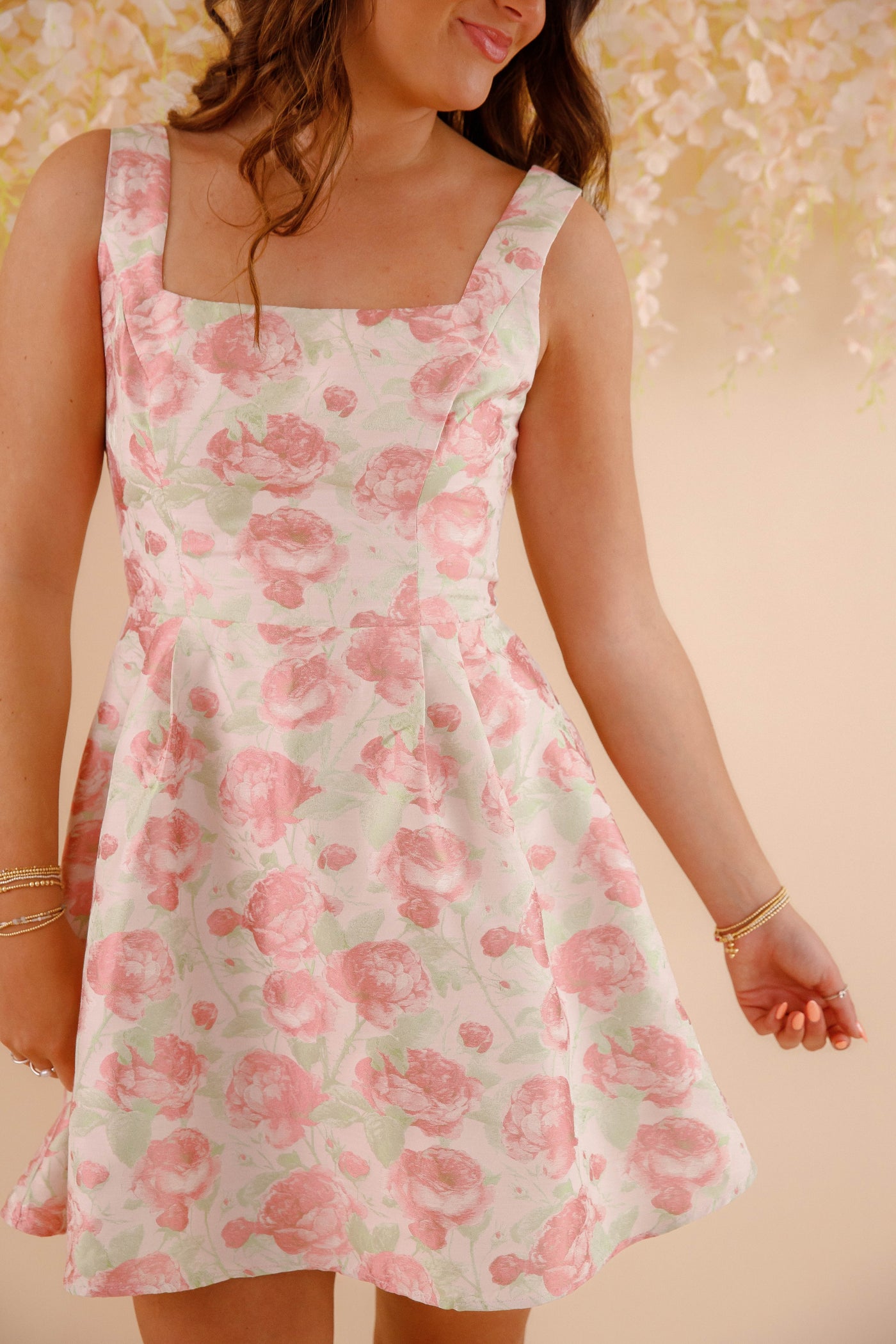 Green and Pink Floral Print Dress- Women's Fit and Flare Mini Dress