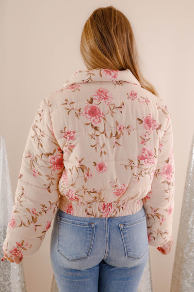 Blush Pink Floral Puffer Jacket- Women's Floral Print Jacket- Storia Pink Puffer Coat