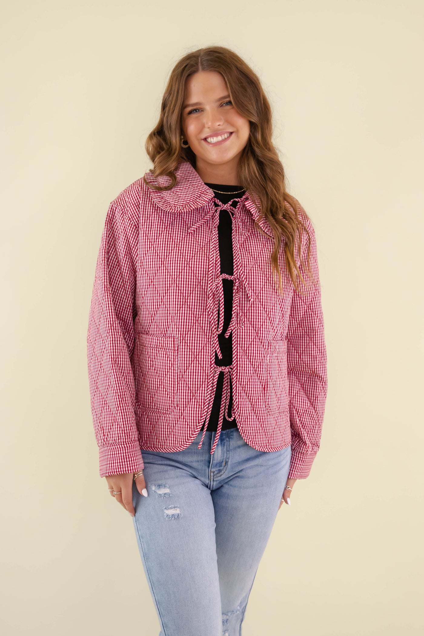 Women's Red Gingham Quilted Jacket- Vintage Style Jackets- Women's Ruffle Collar Jacket