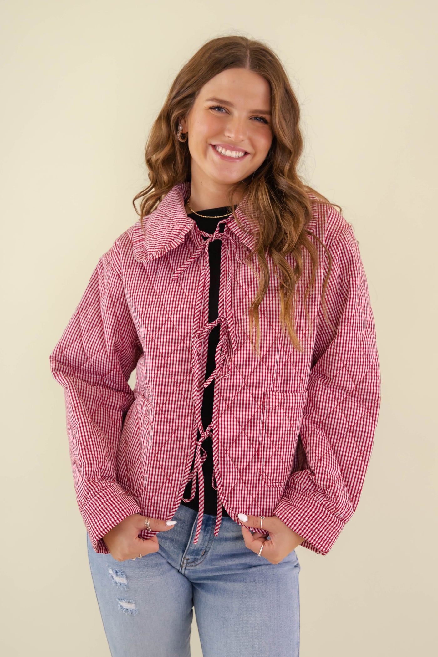 Women's Red Gingham Quilted Jacket- Vintage Style Jackets- Women's Ruffle Collar Jacket