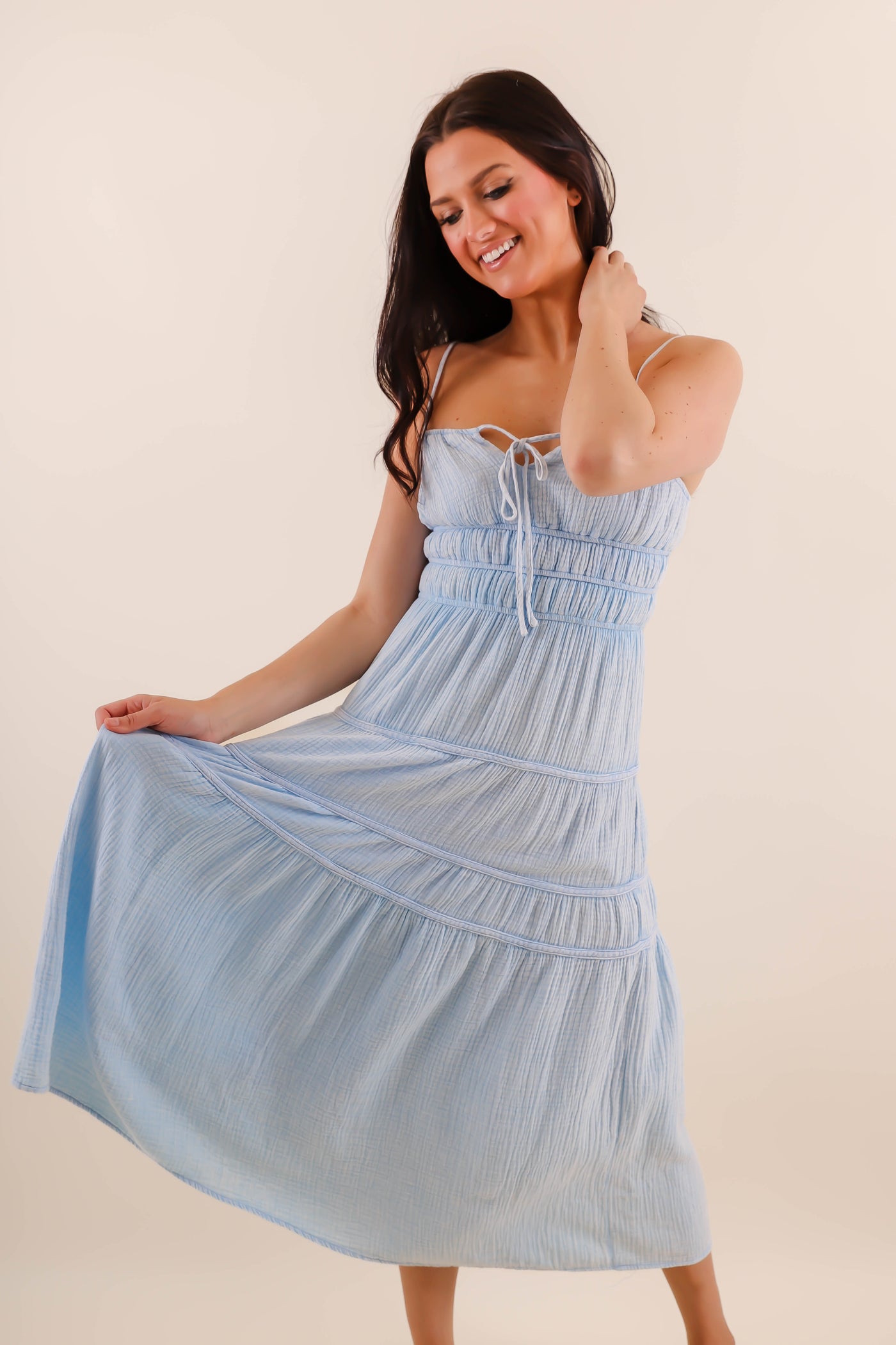 Light Blue Mineral Wash Midi Dress- Comfortable Cotton Gauzy Dress- She + Sky Mineral Wash Dress